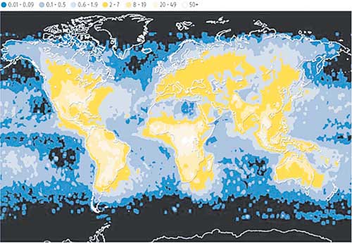 Розподіл частоти гроз по поверхні суші й океанів.