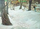 Бродський І. в. Зимовий пейзаж з будиночком і собакою. 1910-е